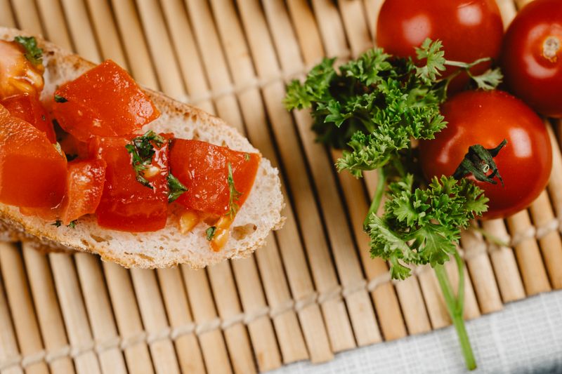 Fresh bruschetta with tomatoes and basil on toasted bread